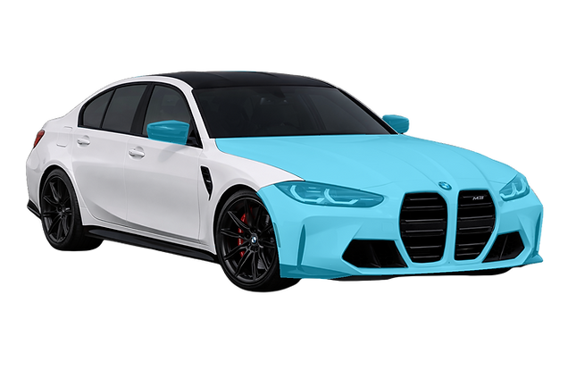 Partial front film coverage shown in cyan on a BMW M3