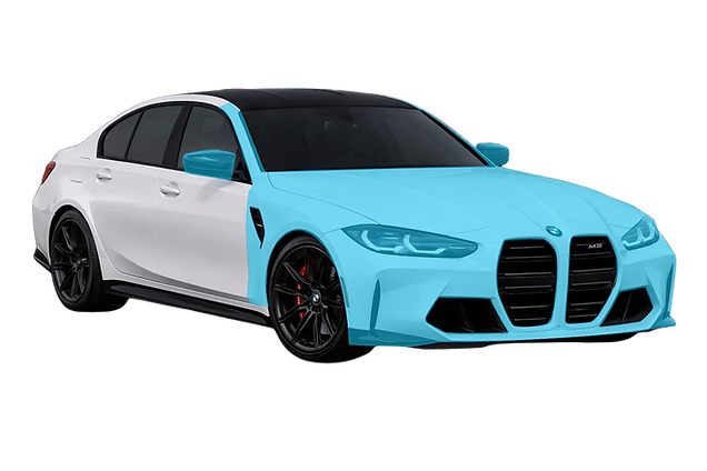 Full front film coverage shown in cyan on a BMW M3