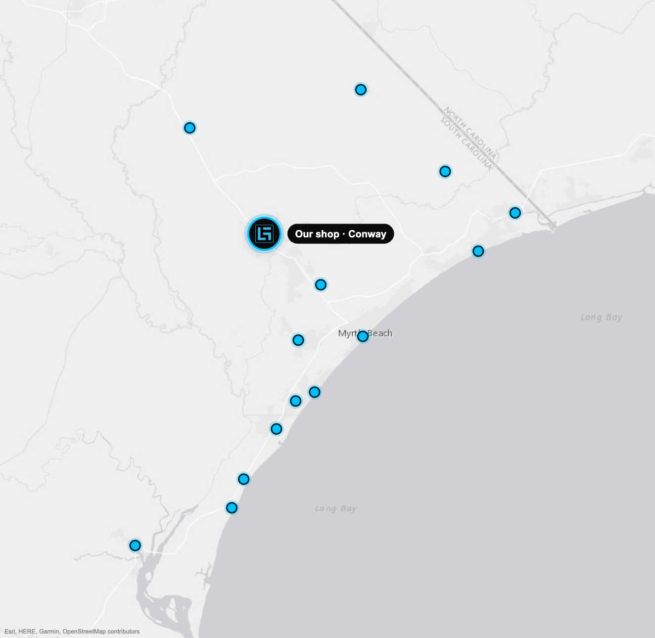 Map of the Lookin' Good Auto mobile service area across Conway and the Grand Strand, with the Conway shop marked by the logo